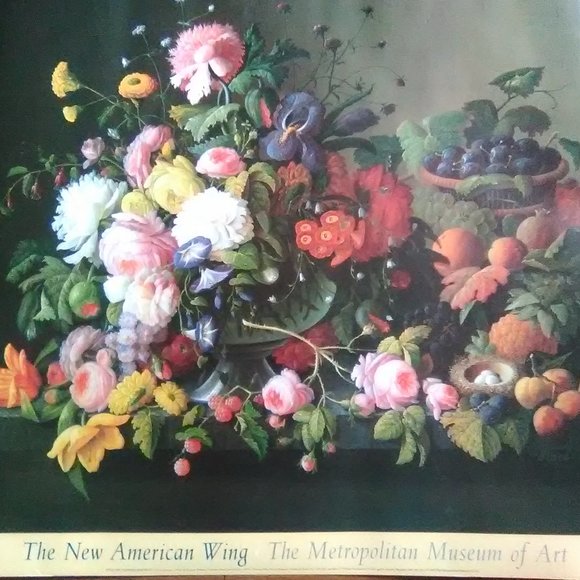 Framed Vintage Litho Print, Still Life Fruit and Flowers  Flowers & Fruit/Litho
